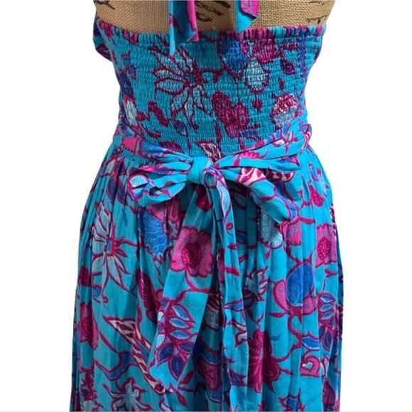 CAROLINA CONSTAS Criss‎ Cross Halter Fit-N-Flare Smocked Maxi Dress Turquoise XS - Picture 9 of 11